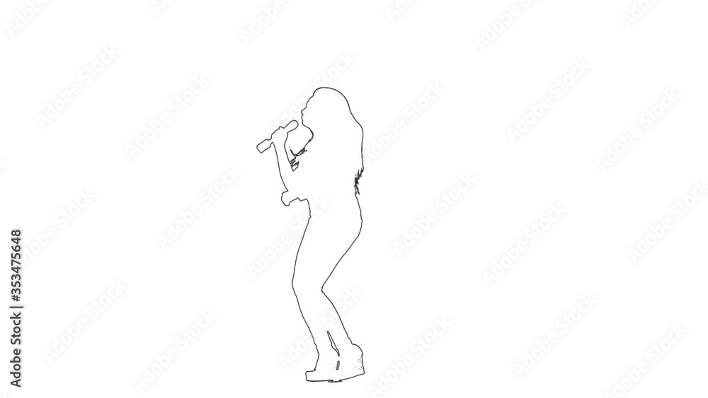 Outline sketch of girl sing song at microphone. White background. Silhouette Outline sketch of girl sing song at microphone. White background. Silhouette