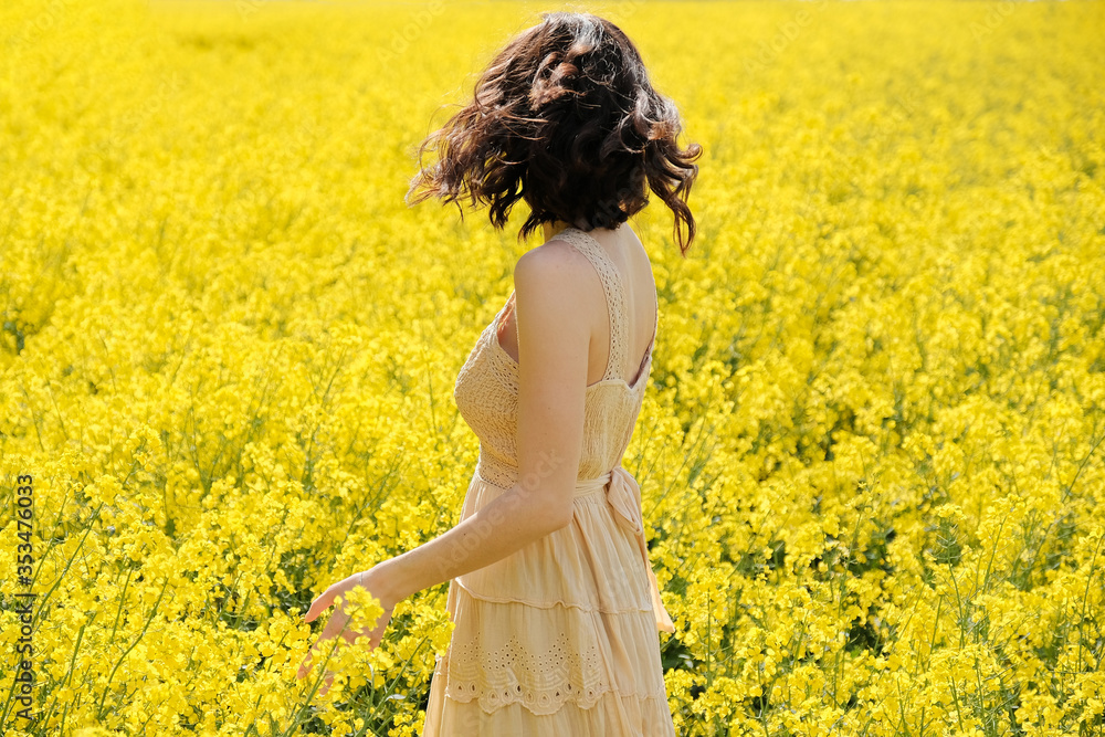 Back view of a pretty young girl in dress in field with yellow flowers on sunny summer day. Back view of a pretty young girl in dress in field with yellow flowers on sunny summer day.
