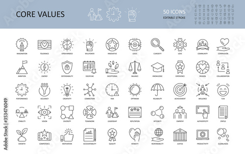 Vector icon core values. Set 50 icons with editable stroke. Values of business company and person. The logic of imagination tolerance willpower open-minded innovative. Curiosity community dependabilit photo