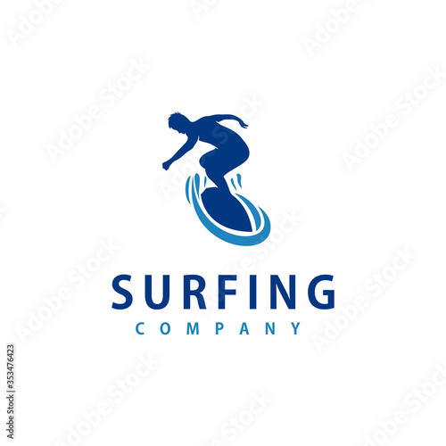 Surf logo with man silhouette, board and sea waves water swirl logo design