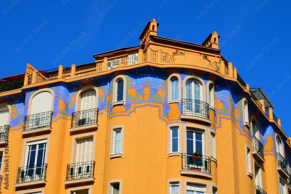 Decorated building in the Musiciens district in Nice, France