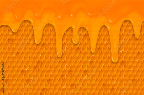 Honey combs pattern. Honeycombs and flowing honey. Hexagonal honeyed geometric beeswax comb grid cell.
