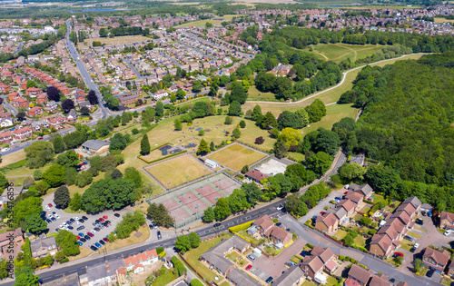 Aerial photo of the town centre of Rothwell in Leeds West Yorkshire in the UK showing typical British housing estates and suburban areas on a sunny summers day