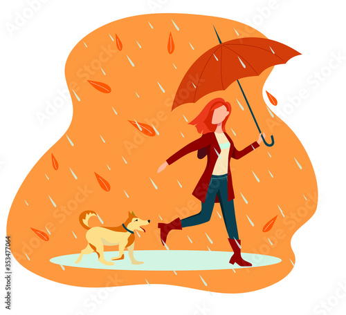 ector illustration in flat simple style - autumn concept - girl walking in the rain in  coat with umbrella