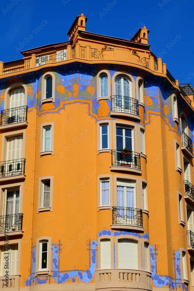 Colorful building in the Musiciens district in Nice, France
