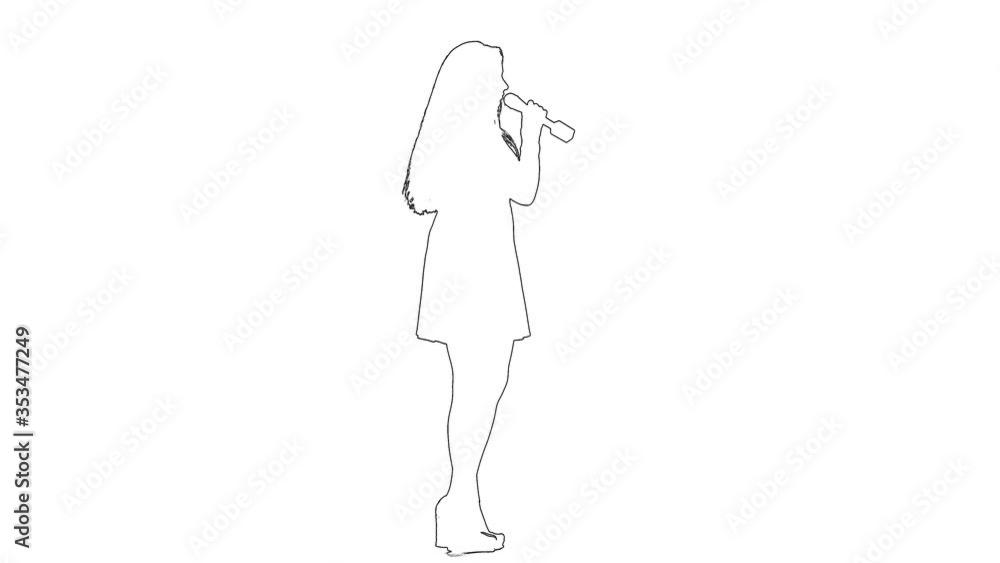Outline sketch of girl sing song at microphone. White background. Silhouette Outline sketch of girl sing song at microphone. White background. Silhouette