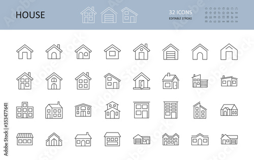 Vector house icons. Editable Stroke. The buildings are one and two-story, with a garage, a chimney. Door windows