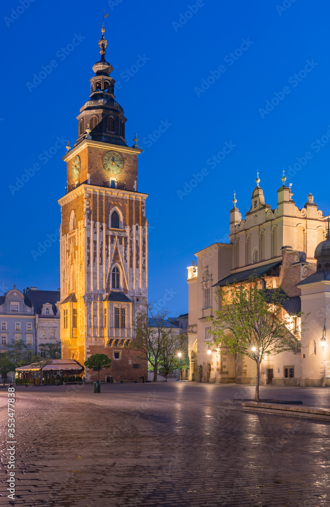 Main market square, Town Hall tower and Cloth Hall in the night, Krakow, Poland