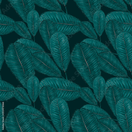 Beautiful seamless pattern with tropical leaves and flowers drawn with colore...