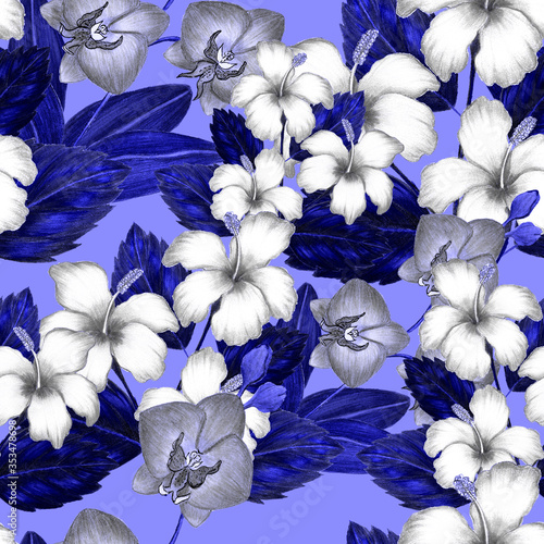 Beautiful seamless pattern with tropical leaves and flowers drawn with colore...