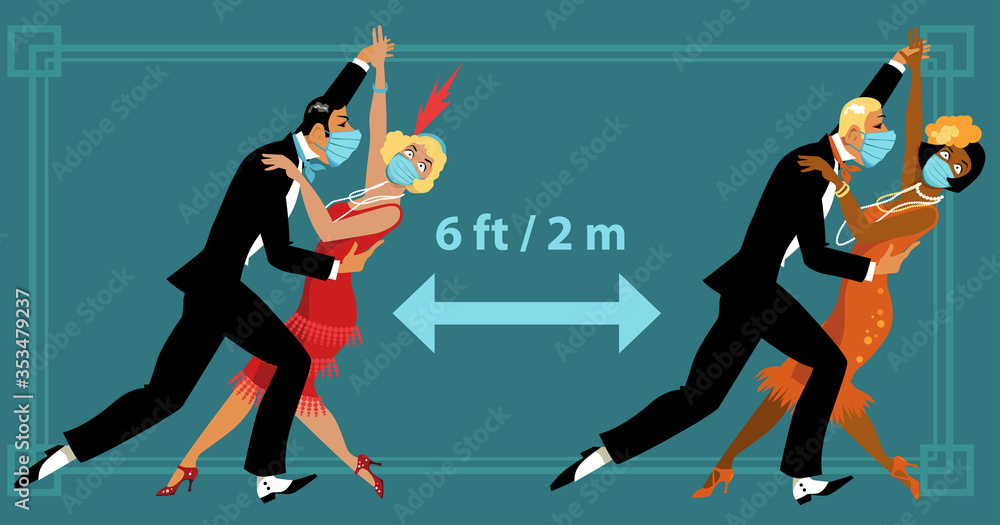 Coupleы dressed in vintage twenties fashion and protective face masks dancing 6 feet apart to prevent spread of virus, EPS 8 vector illustration   - obrazy, fototapety, plakaty 