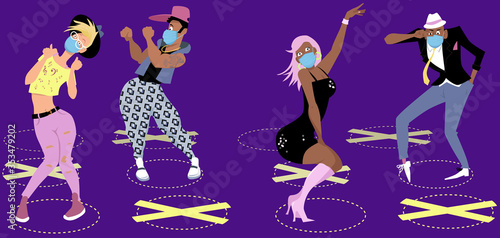 People dancing in a night club  wearing face covering and resuming physical distancing  EPS 8 vector illustration