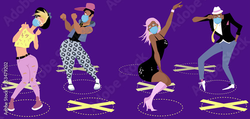 People dancing in a night club, wearing face covering and resuming physical distancing, EPS 8 vector illustration