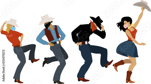 People dressed in western fashion and protective face masks and bandannas dancing western dance, EPS 8 vector illustration  