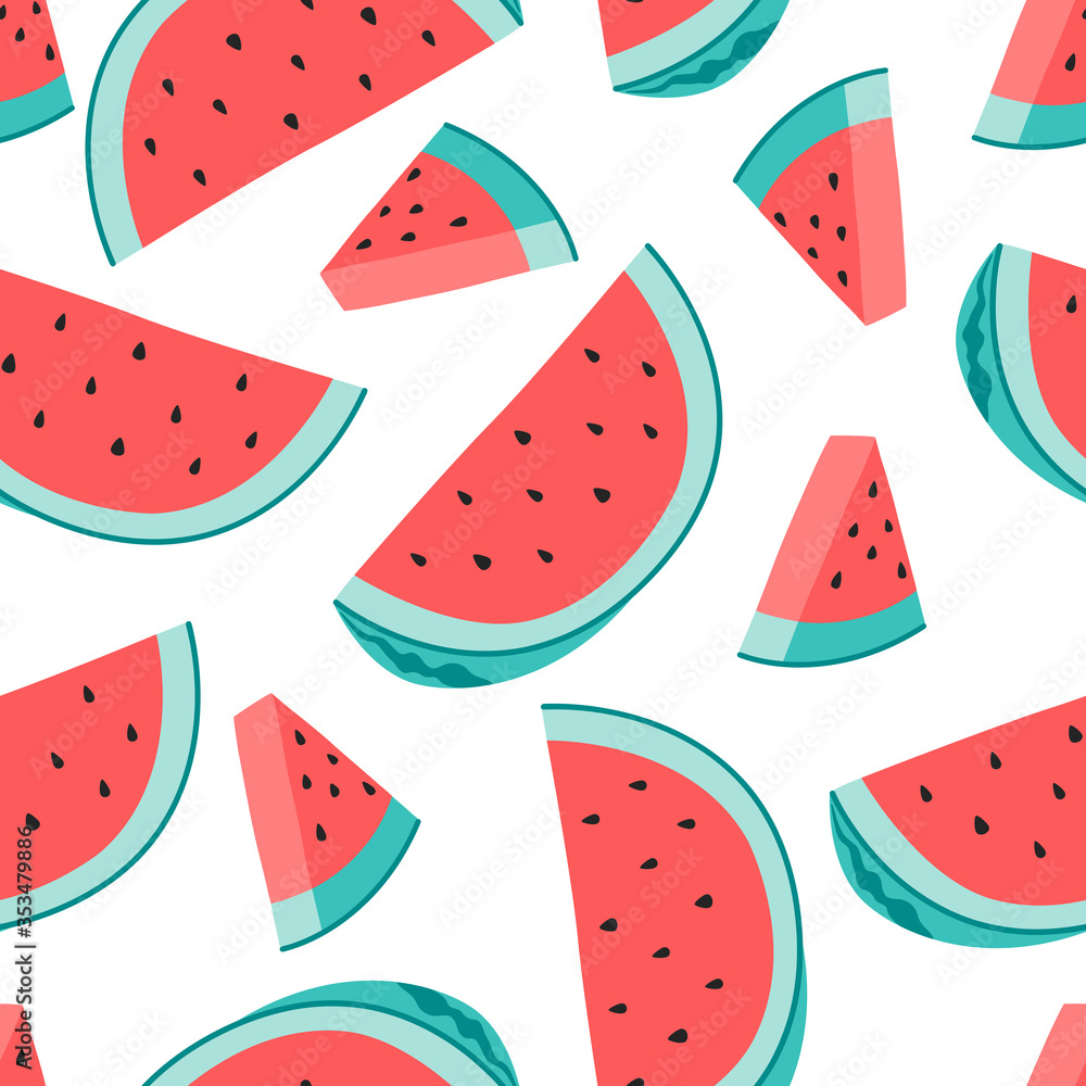 Fresh watermelon seamless pattern, hand drawn concept of whole and slice of fruit. Vector illustration, flat cartoon style on isolated background. Fresh watermelon seamless pattern, hand drawn concept of whole and slice of fruit. Vector illustration, flat cartoon style on isolated background.