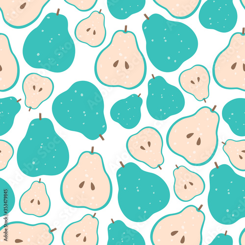 Pear fruit seamless pattern, vegetarian food, time to detox with organic vitamins diet. Hand drawn vector concept for fabric or textile on white background in flat cartoon style. 