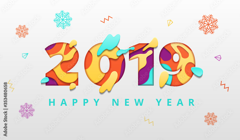 2019 Happy New Year template with abstract paper cut style. Creative happy new year paper art and craft style. Colorful 3D carving art flyers, posters, brochure or voucher discount. Vector stock