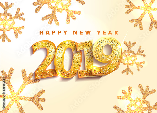 Happy New Year 2019 gold number design spark snowflake with glitter and sparkle firework shining white vector illustration. EPS 10