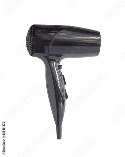 Top view of black hair dryer isolated on white background. Beauty device for hair styling