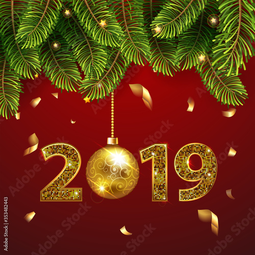 Merry Christmas and Happy New Year 2017 greeting card with Chrirstmas decor fir twigs and confetti, gold christmass ball and numbers 2017. Vector illustration. EPS 10