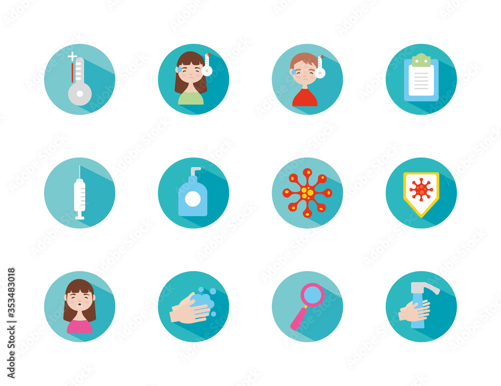 coronavirus symptoms icon set, block style coronavirus symptoms icon set, block style