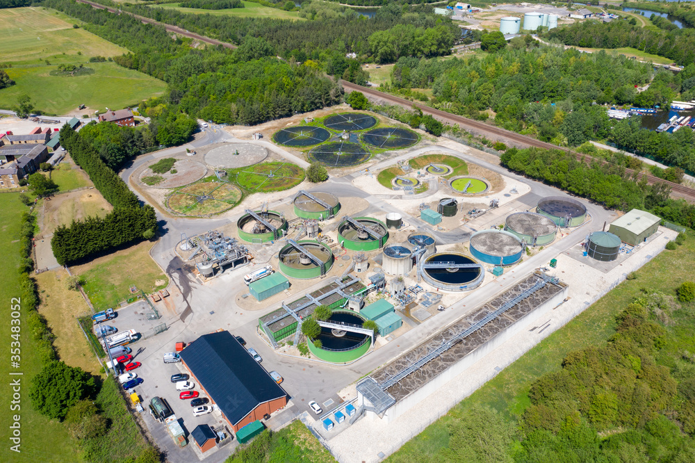 Aerial photo of purification tanks of modern wastewater treatment plant