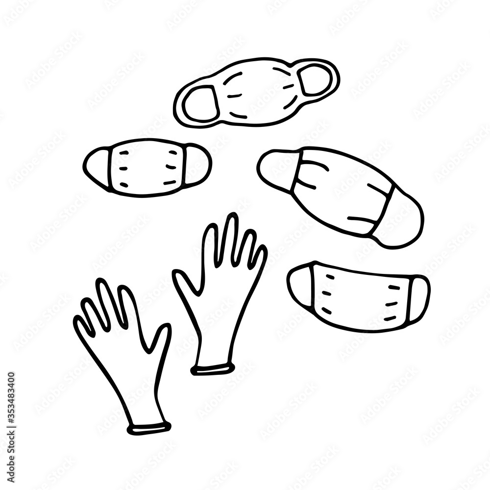 Fototapeta premium Medical protective doodle set. Hand drawn masks, gloves. Means of Hand and face protection against viruses, dirt, bacteria, germs. Vector outline Symbol cleanliness, sterility, sanitizer collection