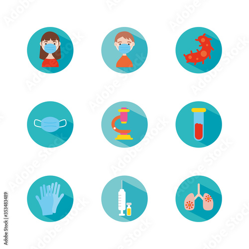 mouth mask and coronavirus icon set, block style
