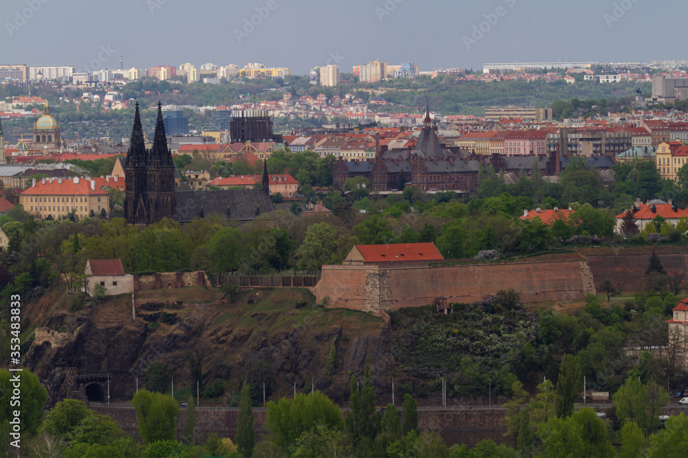 
a view of Prague and its old Czech fortress Vyšehrad and other Prague architecture in the spring