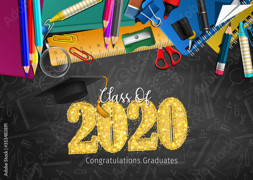 2020 Graduation with Cap Vector. Class of 2020 Year Graduation Banner. Banner for Graduation Greeting Card. Lettering Class of 2020 for Greeting and Invitation Card.
