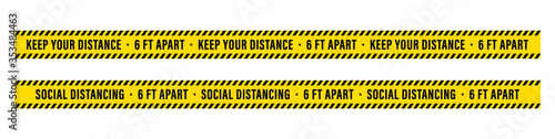 Social Distancing. Keep Your Distance. 6 Ft. Apart Yellow Tape Warning. Vector Illustration Background