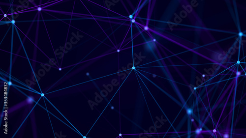 Abstract background with interweaving of colored lines and dots. Network connection structure. Data exchange. 3D