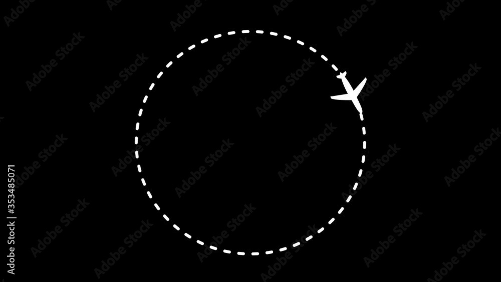 Plane flies in a circle from dotted lines on a black background. Airplane isolated vector animation. Plane flies in a circle from dotted lines on a black background. Airplane isolated vector animation.