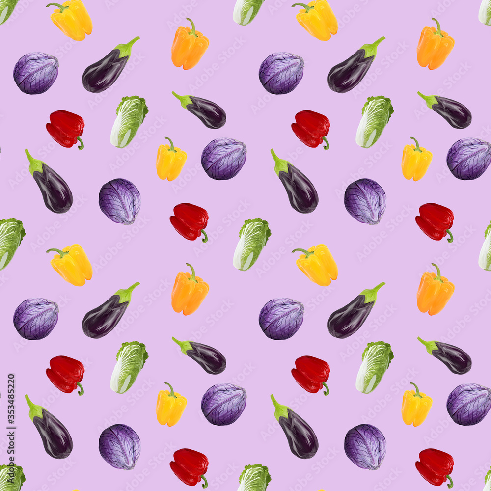 Seamless pattern veganism eggplant, peppers, cabbage on pink background. Gouache hand drawn illustration. Fresh food. Design for textiles, packaging, fabrics, menus, restaurants Seamless pattern veganism eggplant, peppers, cabbage on pink background. Gouache hand drawn illustration. Fresh food. Design for textiles, packaging, fabrics, menus, restaurants