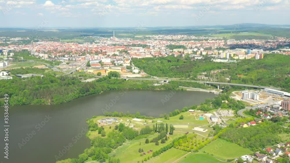 The Ceske udoli reservoir on Radbuza River is dam nearby Pilsen. Aerial view to important source of sustainable energy in Western Bohemia. Czech Republic. The Ceske udoli reservoir on Radbuza River is dam nearby Pilsen. Aerial view to important source of sustainable energy in Western Bohemia. Czech Republic.