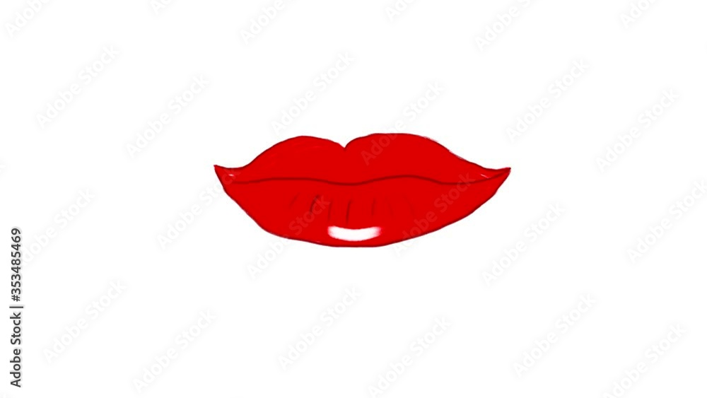Hand-drawn animation: air kiss. Image of lips painted with red lipstick Hand-drawn animation: air kiss. Image of lips painted with red lipstick