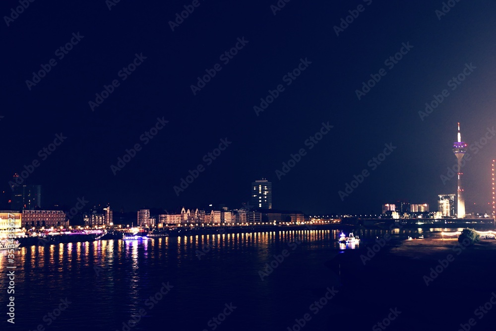 Night pictures of Düsseldorf and Rhine in Germany