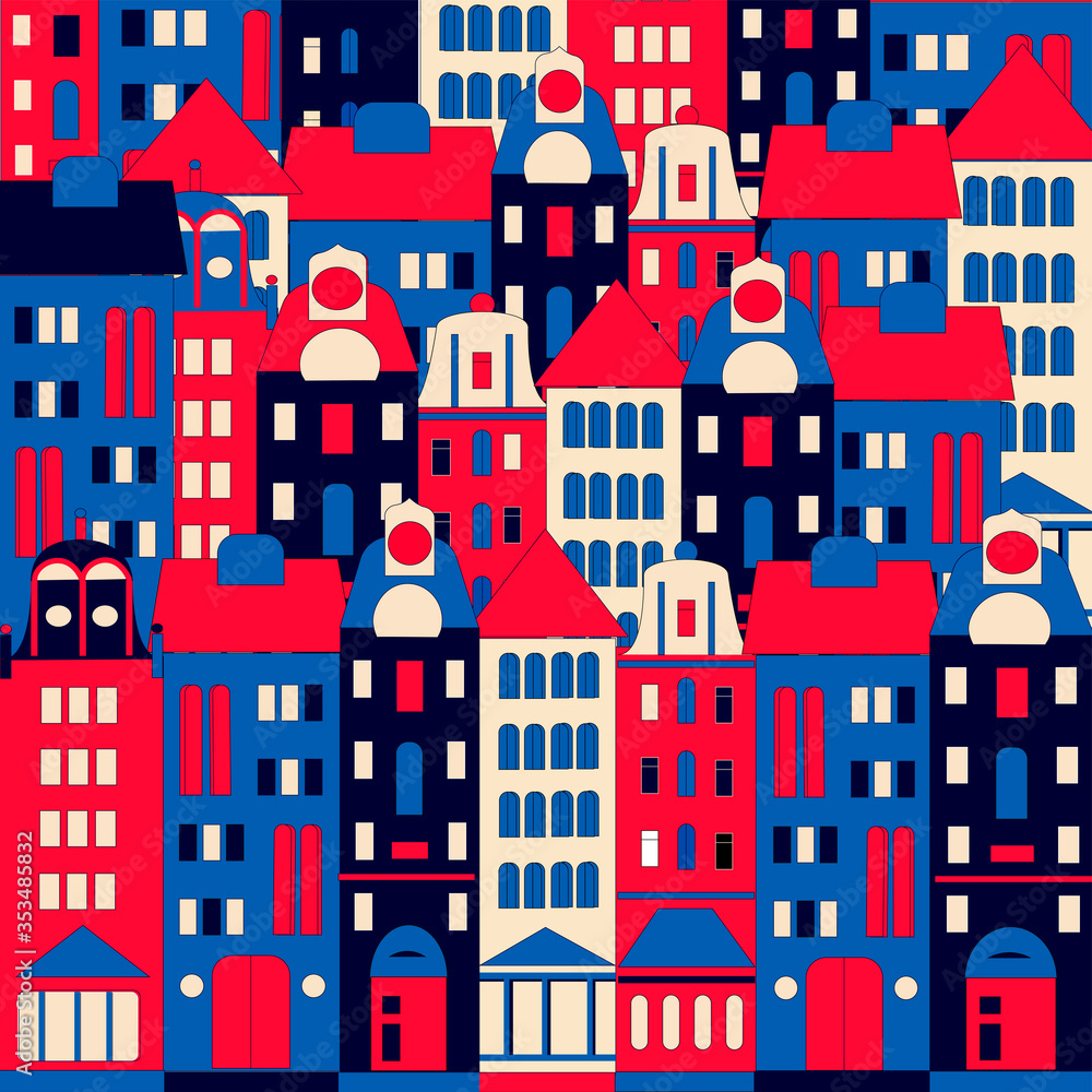 Pattern cute Dutch red, blue houses.Bright color cartoon vector illustration in flat style . For print, decor, textile, message, banner.