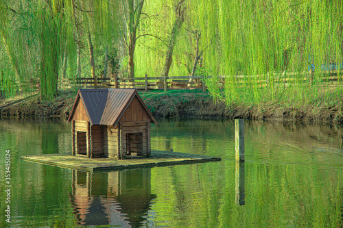 empty park without people peaceful nature scenic view wooden cabin for birds animal care landscaping object in summer morning