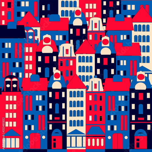 Pattern cute Dutch red  blue houses.Bright color cartoon vector illustration in flat style . For print  decor  textile  message  banner.