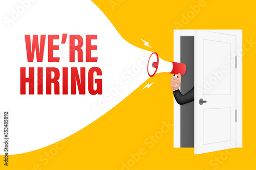 We are hiring. Megaphone banner. Teamwork concept. Vector stock illustration.