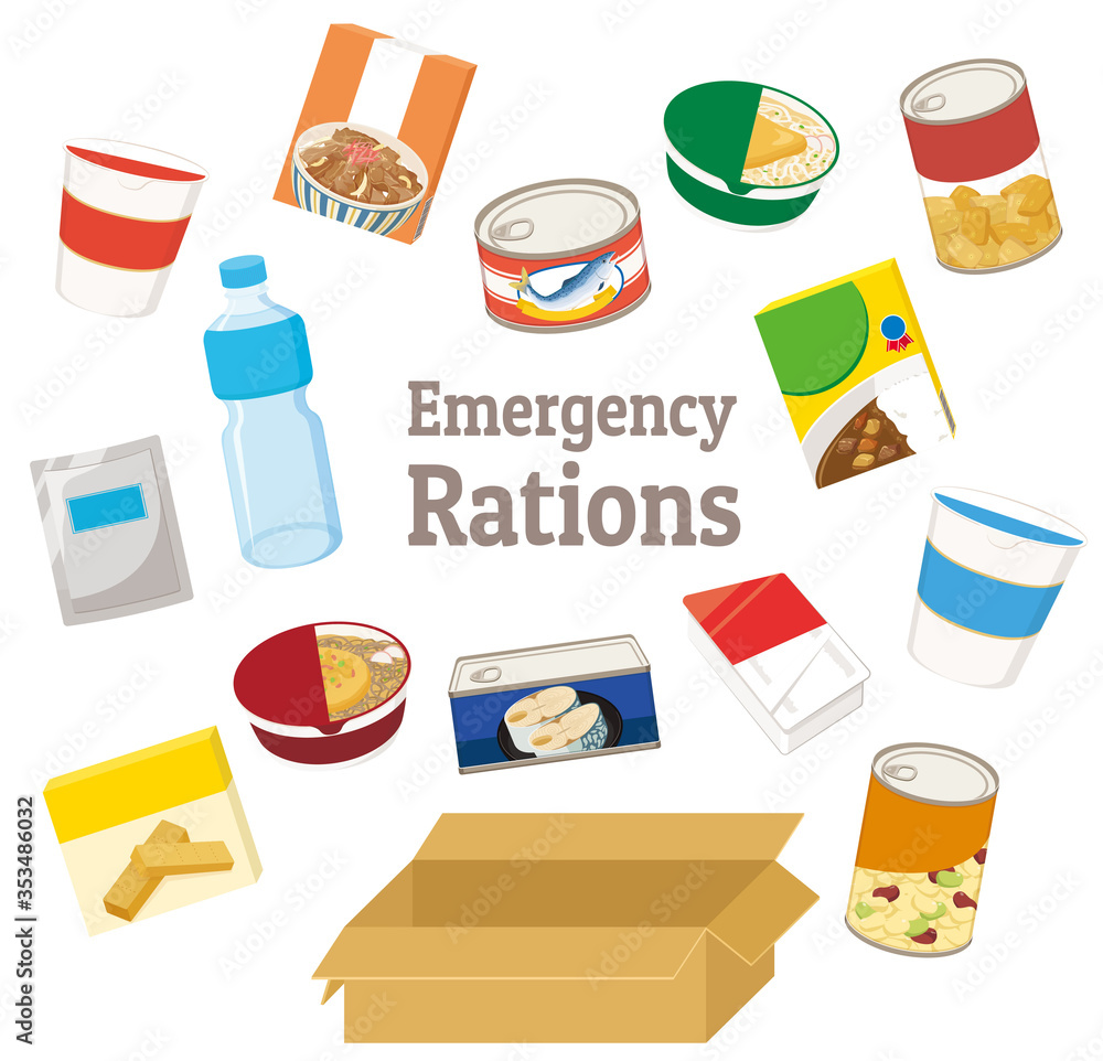 Emergency food set for disasters and natural disasters Stock Vector