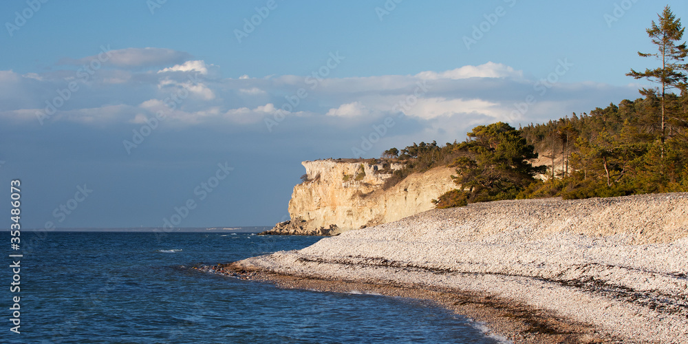 Eroded limestone coastline on the island of Gotland in Sweden springtime