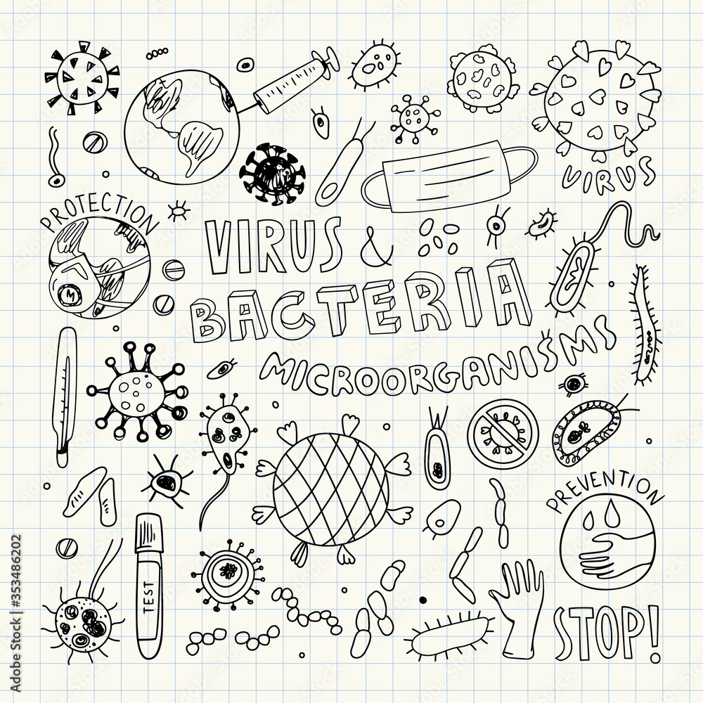 Obraz premium Viruses and Bacteria Clipart. Vector Illustration. Hand Drawn Doodle. 