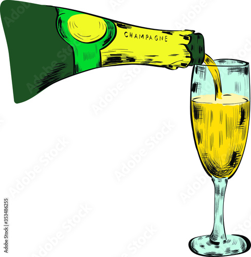 Champagne bottle with glass chalk.  Drink vector isolated design element. Concept for logo, menu, cards