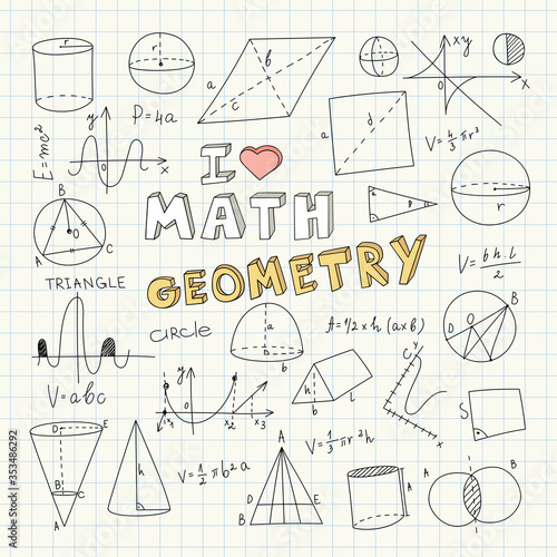 Hand Drawn Geometry Doodle. Handwriting Elements. School Education Background. Vector Illustration. Math Clipart. Mathematics Cartoons.