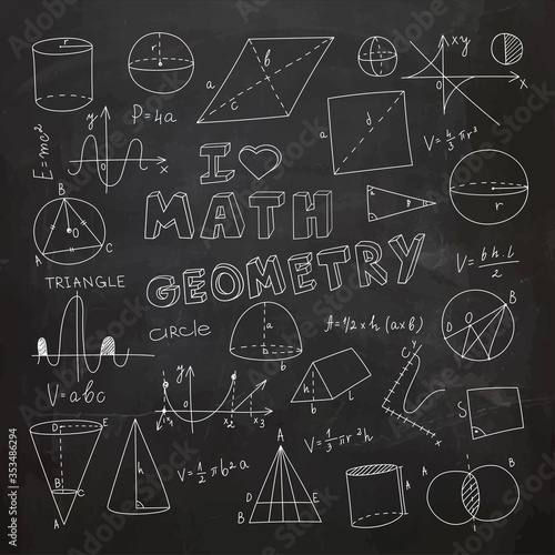 Hand Drawn Geometry Doodle. Handwriting Elements. School Education Background. Vector Illustration. Math Clipart. Mathematics Cartoons.