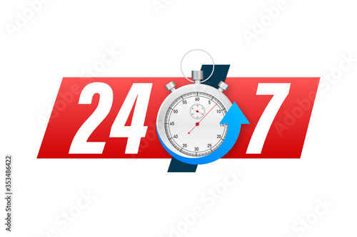 24-7 service concept. 24-7 open. Support service icon. Vector stock illustration.