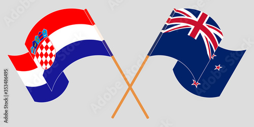 Crossed and waving flags of Croatia and New Zealand