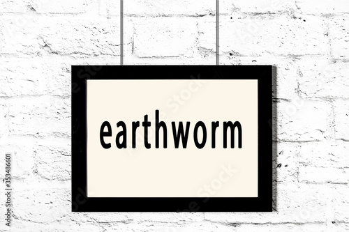 Black frame hanging on white brick wall with inscription earthworm photo